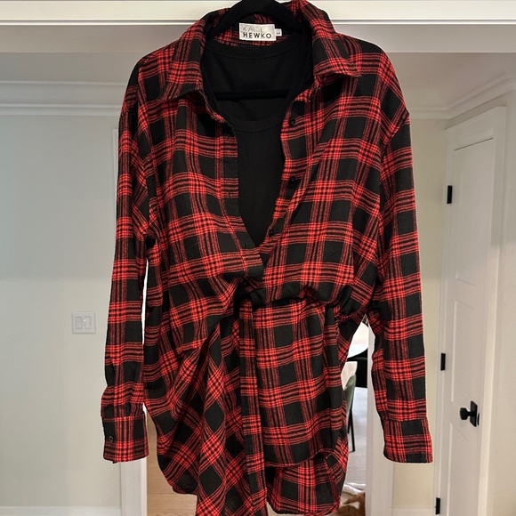 Kate Hewko Black / Red Plaid Long Shirt / Mini Dress w/ attached tank - Size L - Picture 13 of 13